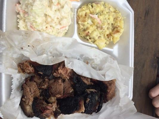 Brisket with potato salad and cole slaw