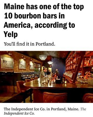 Yelp awarded us on Sept 1, 2021 with the honor of being one of the Top Ten (#9) Bourbon Bars in the USA and the only one in New England!