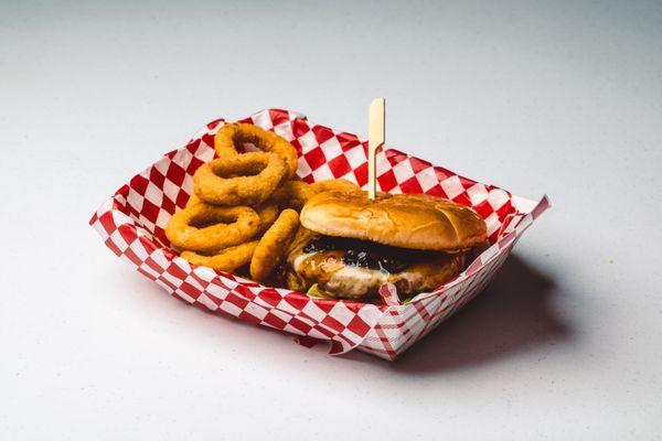 The Texan RGV Burger and Onion Rings