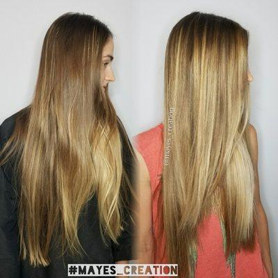 Balayaged, dimensional highlights by Maye.