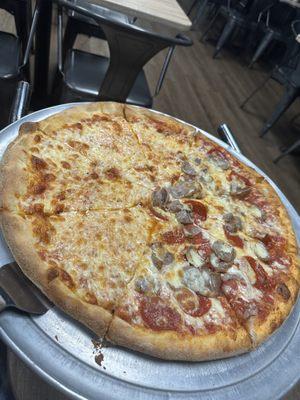 large cheese pepperoni and sausage pizza