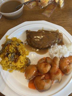 Sweet And Sour Shrimp, Roast Pork Egg Foo Young, Beef Fried Rice