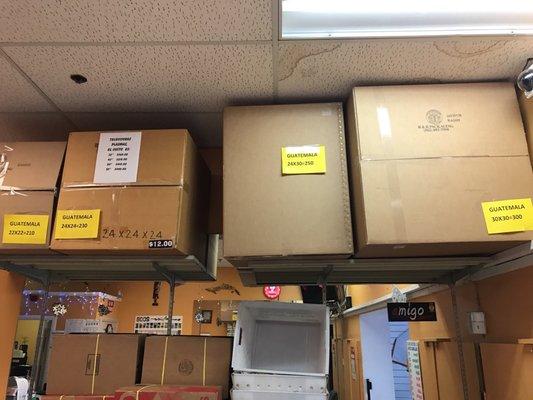 Boxes ship to Guatemala starting at 22x22=$210 24x24=$230 24x30=$250 30x30= $300 Plasma TV Shipping as well 32" starting at $260.00