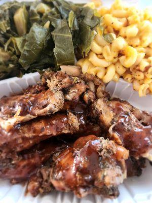 Baked Jerk Chicken,  Mac and cheese, and collard greens