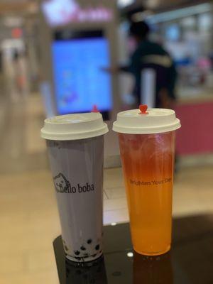 Taro milk tea and passionfruit mango boba.