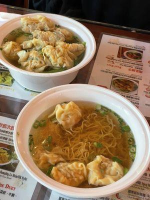 Dumpling trio noodle soup (back) shrimp wonton noodle soup (front)