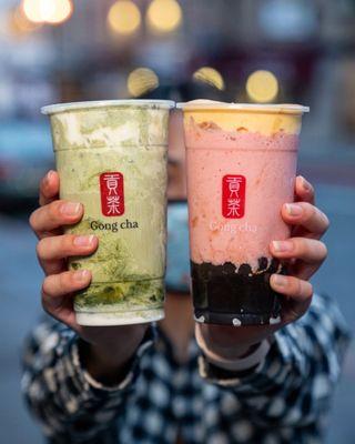 Matcha Marble and Strawberry Smoothie with boba + creme brulee