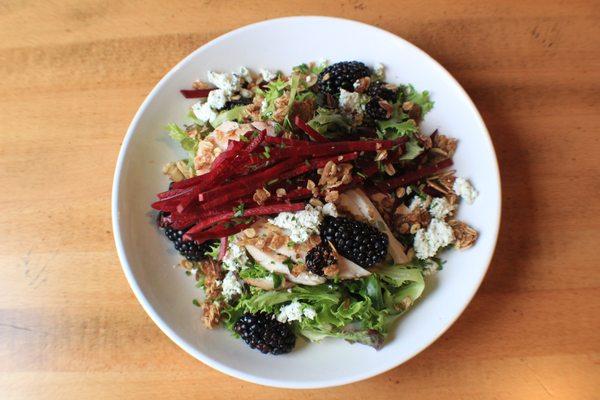 BLACKBERRY & BEETS
mixed greens, smoked turkey, red beets, Edsel'd granola, blackberries, & goat cheese