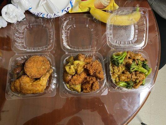 Sausage, Fishcake, Quarter Chicken, Potatoes, Fried Chicken, Fried Rice w. Chicken & Broccoli