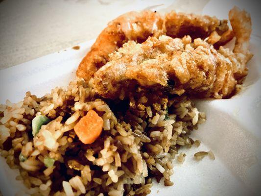 (Half of the) fried rice & salt-&-pepper shrimp; ate all the Honey Glazed shrimp before I realized I hadn't taken a picture.