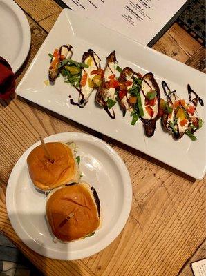 Something new with small plates: baby eggplants with mozzarella and veggies and bbq sliders!