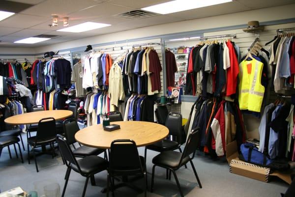 The showroom in Santee. Can screen print, print, or embroider custom shirts, vests, jackets, and more.