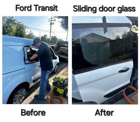 Before and after replacement on a sliding door glass.