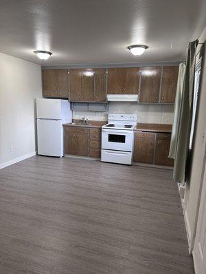 Living room - kitchen area with luxury plank vinyl. (One bedroom )