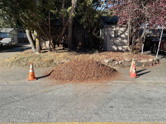 The 2 cubic yards as delivered. The caution cones are taller then the pile.