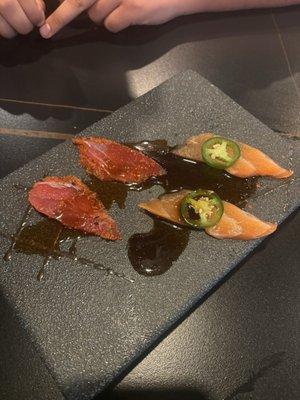 Salmon jalapeno and Tuna Tataki