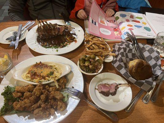 Rack of lamb w Fries and sprouts, fried oyster w pasta