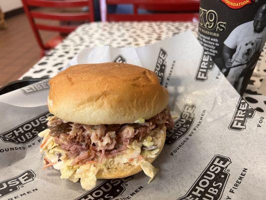 Limited time pork & slaw sandwich & iced tea.