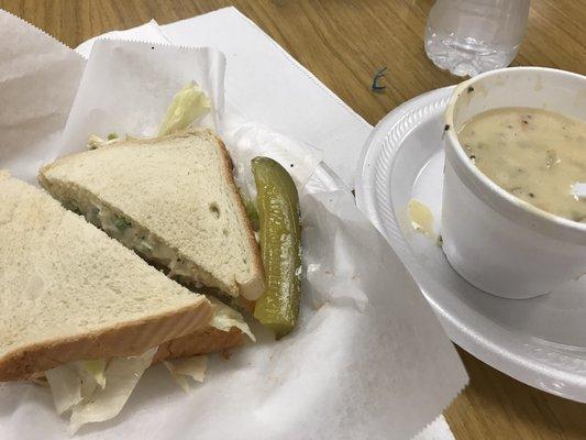 Chicken salad sandwich, & creamy potato soup. Very very tasty!!!