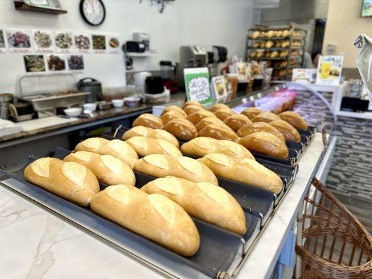 Hot fresh breads come out twice on weekdays and 3 times on the weekends... $1/each for 9in French roll and 65¢/each for mini french roll.