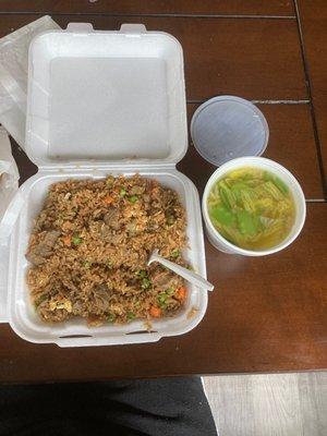 Beef fried rice, chicken soup