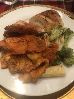 Chicken parmigiana, eggplant parmagiano, Pasta with Broccoli Garlic and Oil, and salad. The bread tho!!!