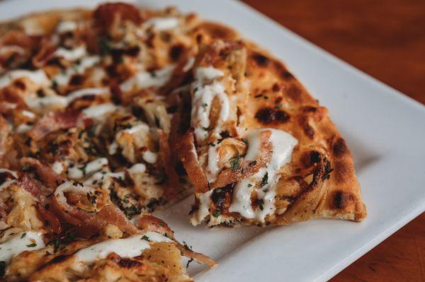 The CBR flatbread!  Chicken, bacon, ranch and 3 cheese blend baked on a naan bread