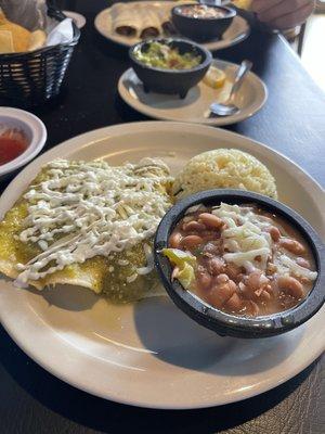 Enchiladas Verde, pintos, rice