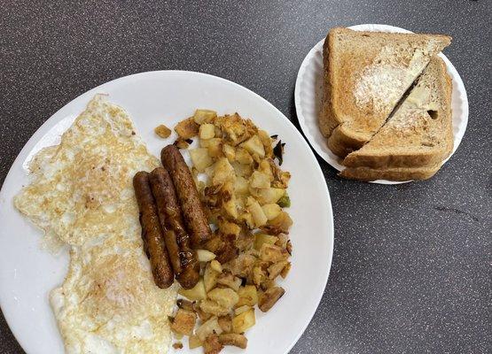 The two egg platter over medium with wheat toast.  Very tasty!