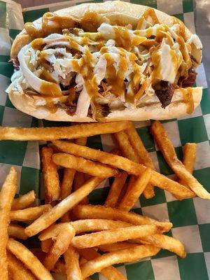 Smokehouse gourmet hotdog with fries