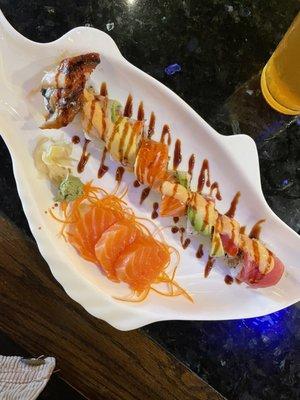 salmon sake shashimi and Honey Bunny Roll