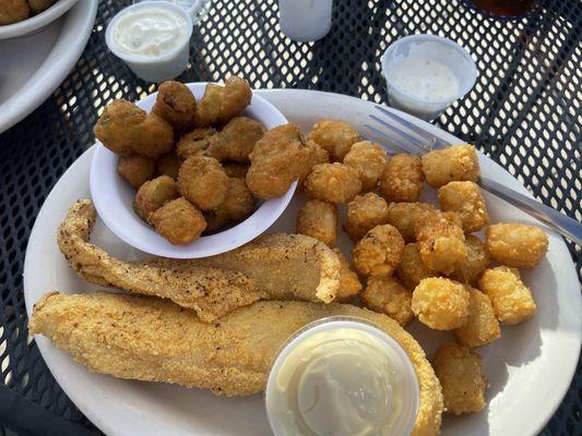 Catfish okra, and tater tots. Cute little marina restaurant.