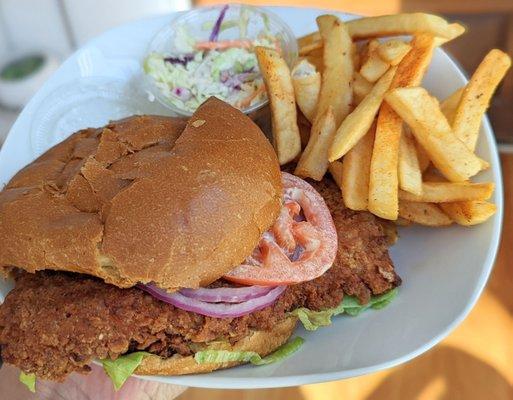 Crispy chicken burger, comes with fries and coleslaw