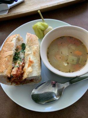 take-out Eggplant Neapolitan Sandwich and Tuscan White Bean Soup