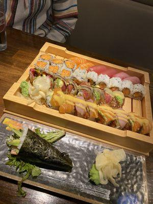 Sushi Boat for 2, special rolls: Drunken Fish Roll, Cow Boy Roll, hand roll: California Hand Roll