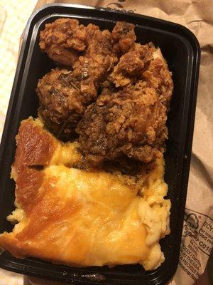 Bake Mac and cheese and fried chicken with oxtail gravy