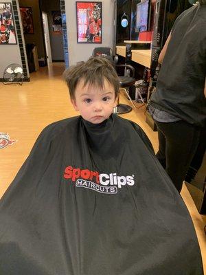 My son about to get his haircut.