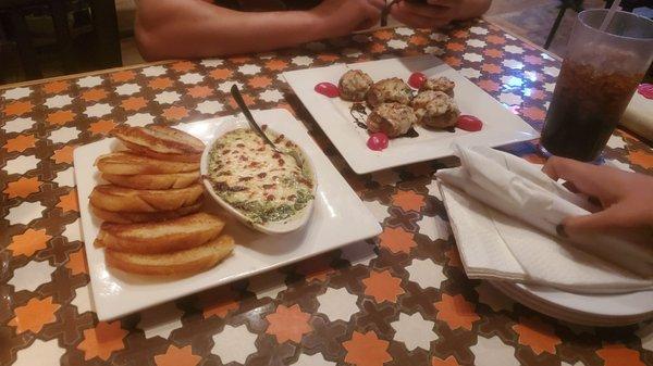 Appetizers artichoke dip and stuffed mushrooms