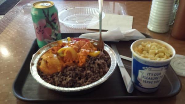 Shredded Chicken n Black Rice. Free Soda. Side of Mac n Cheese. $8. Yum.