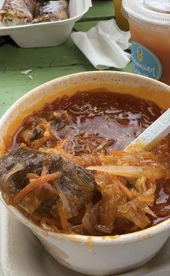 Beef mixed with veggies and potatoes in the Borsch soup.