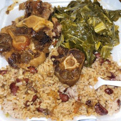 Oxtails, collards and Caribbean rice