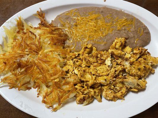 Chorizo and egg scrambled with hash browns and beans