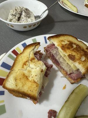 Reuben on gluten free bread with potato salad.