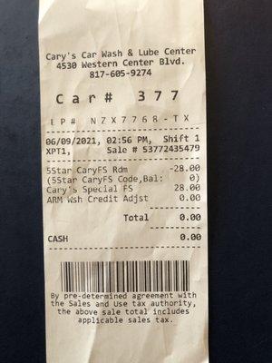 Cary's "Special" Receipt/Cost