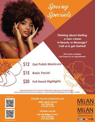 It's Spring, and Milan Institute of Cosmetology is blooming with specials! Visit our Student Salon, valid 3/1/23 - 5/31/23.