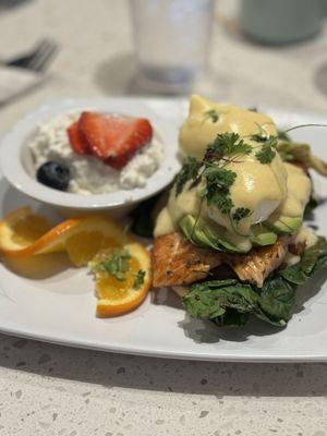 Salmon Benedict - delicious! Grilled salmon fillet, two poached eggs, delicious Hollandaise sauce, english muffins.