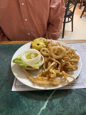 Cheeseburger and onion rings