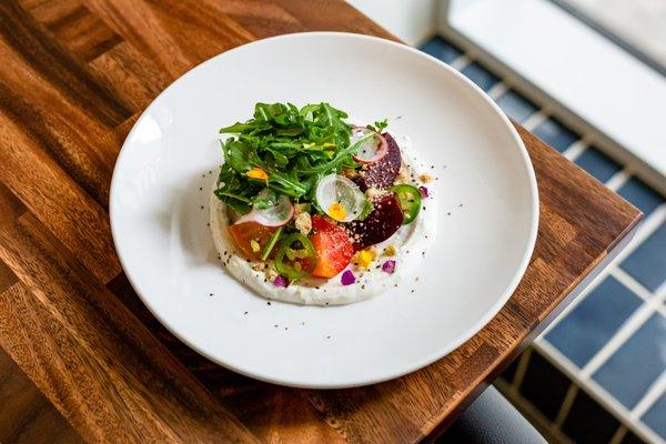 Roasted Beets, Herbed labneh, mandarin vinaigrette, basil, arugula salad, dill pecan shortbread