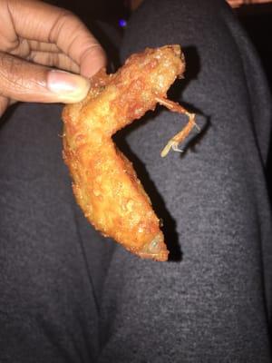 Feather still attached to my chicken wing...gross!! Primos Pizza