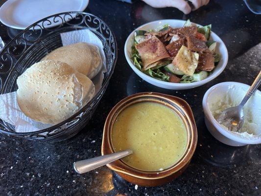 Crushed Lentil Soup and Fattoush Salad